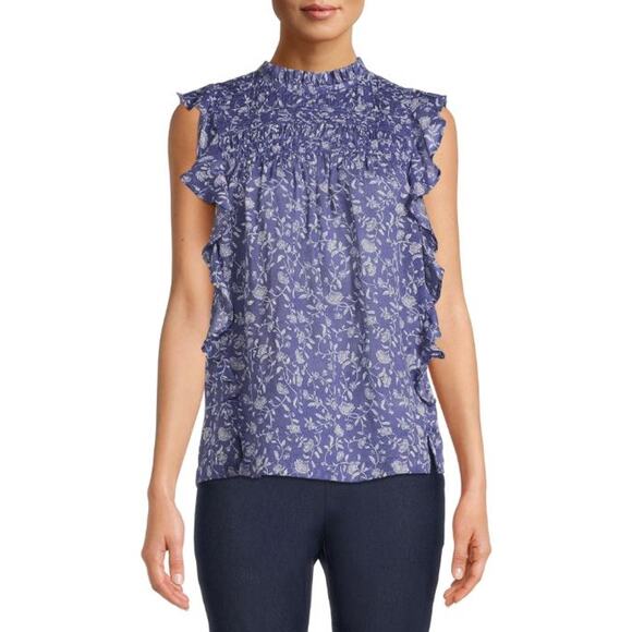 BEACHLUNCHLOUNGE‎ NEW $58 Pleated Yoke Ruffle Maya Blouse Baja Blue Floral XL - Picture 1 of 5